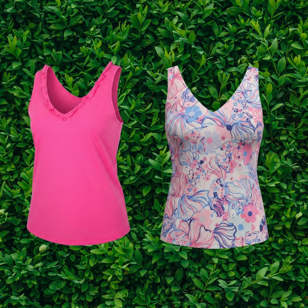 Lot 2 Lilly Pulitzer Pink Ruffle & Floral Tropical Tank Top XL Sleeveless V-Neck